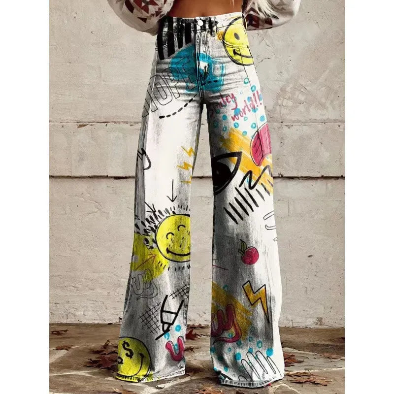 High Waist Western Cowboy Horse Print Wide Leg Pants