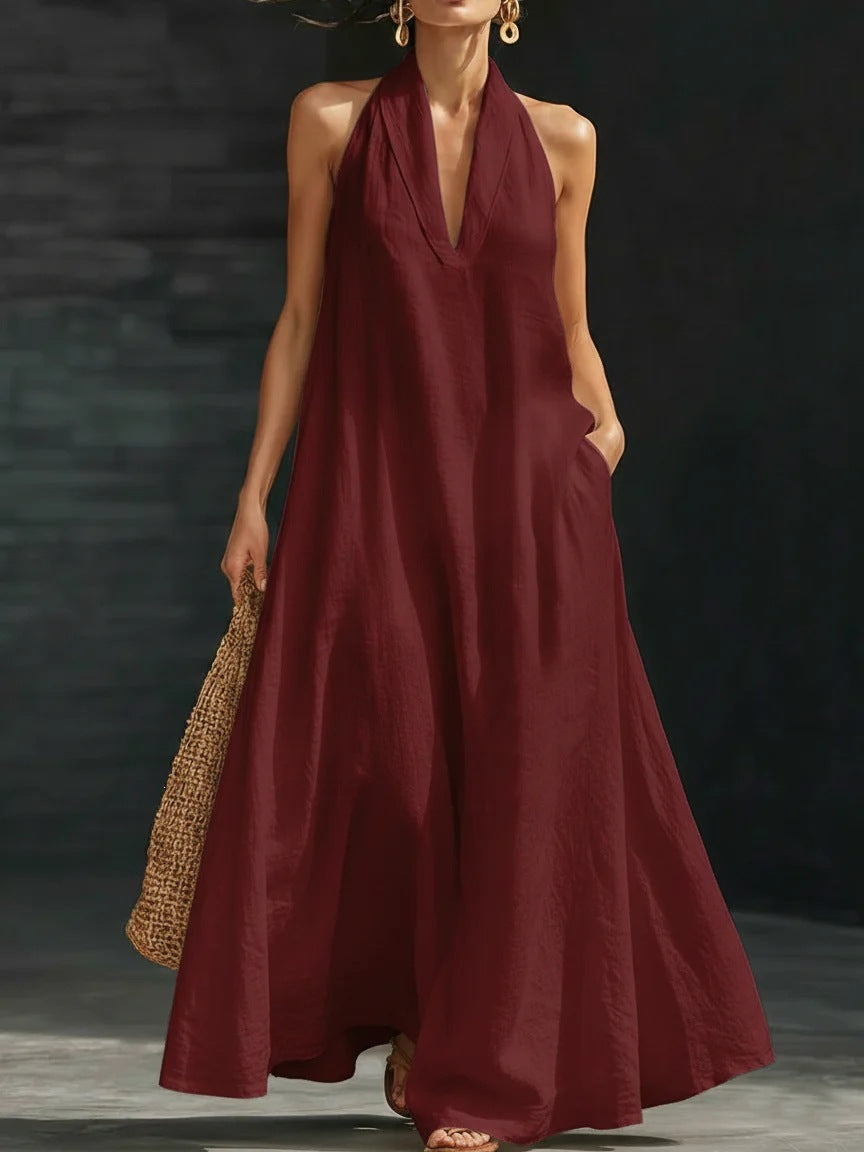 Solid Color Halter Neck A-Line Maxi Dress