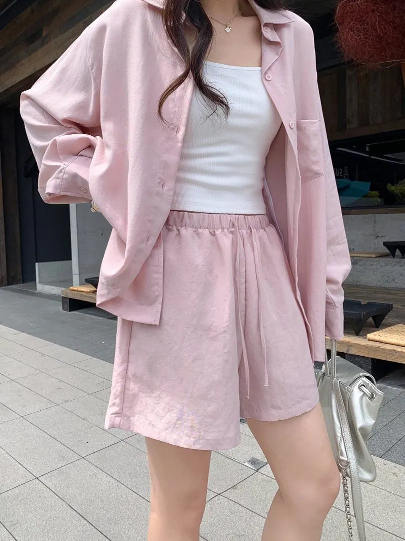 Oversized Long Sleeve Shirt Drawstring Shorts / Pants 2 Piece Casual Suit