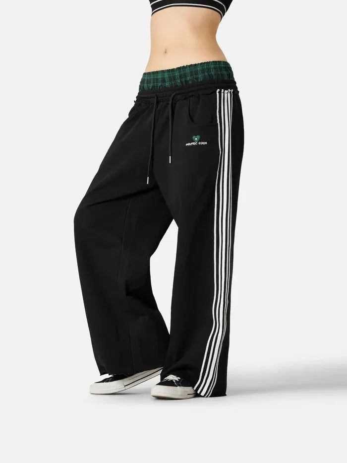 Plaid Waistband Stripe Wide Leg Grey Sweatpants