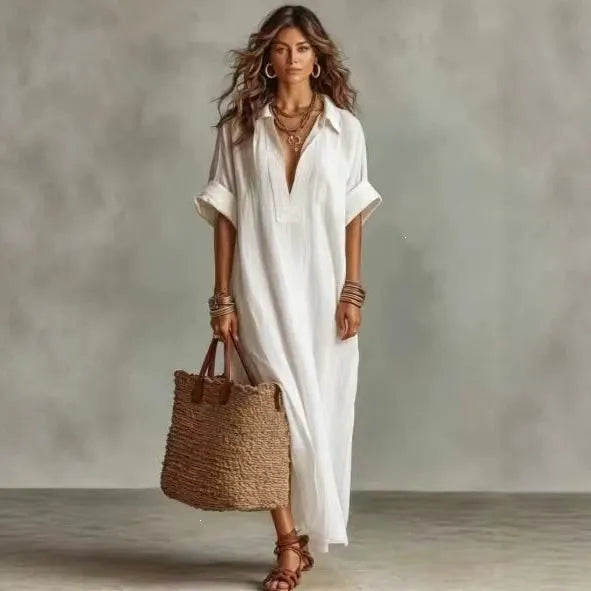 Lapel Half Button Roll Up Sleeve Loose A-Line Maxi Shirt Dress