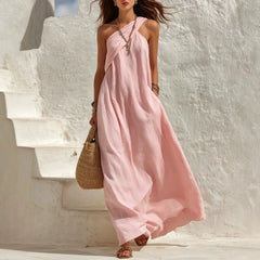 One Shoulder Draped Linen Maxi Vacation Dress