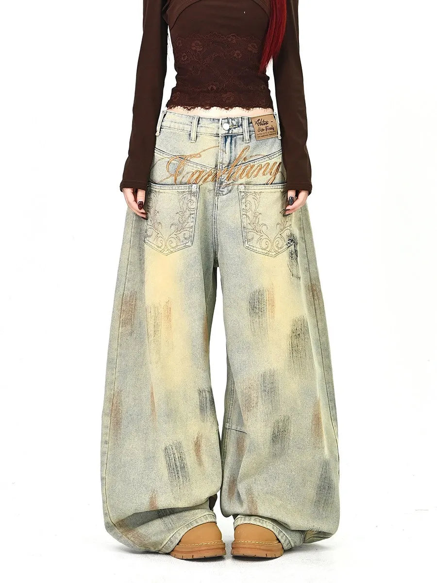 Mid‑Waist Vintage Washed Loose Wide Leg Jeans