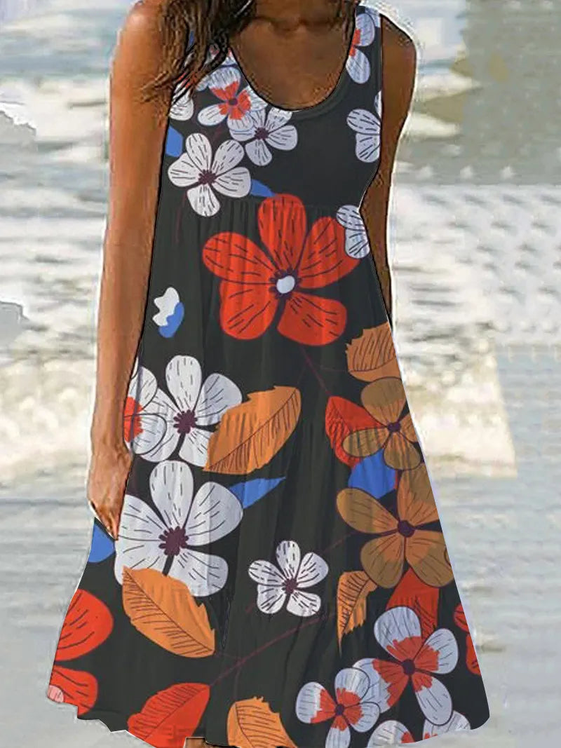 Floral Print Sleeveless Round Neck Tiered Midi Dress