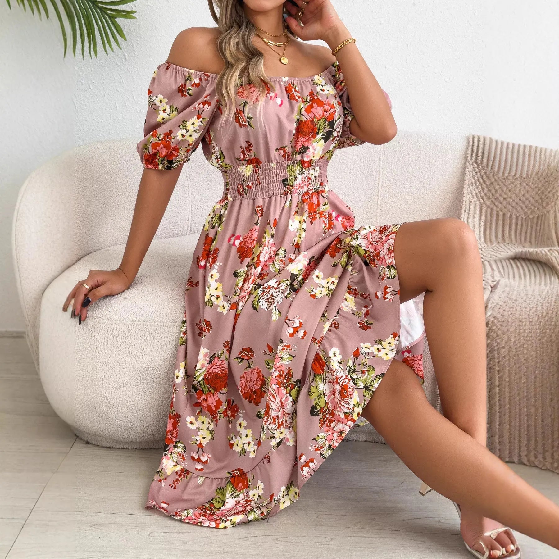 Square Neck Puff Sleeve Floral Print Smocked Waist A-Line Midi Dress