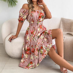 Square Neck Puff Sleeve Floral Print Smocked Waist A-Line Midi Dress