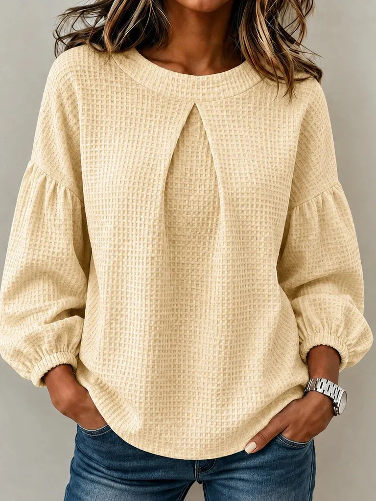 Waffle Knit Round Neck Blouse Pleated Front Balloon Long Sleeve Loose Casual Top