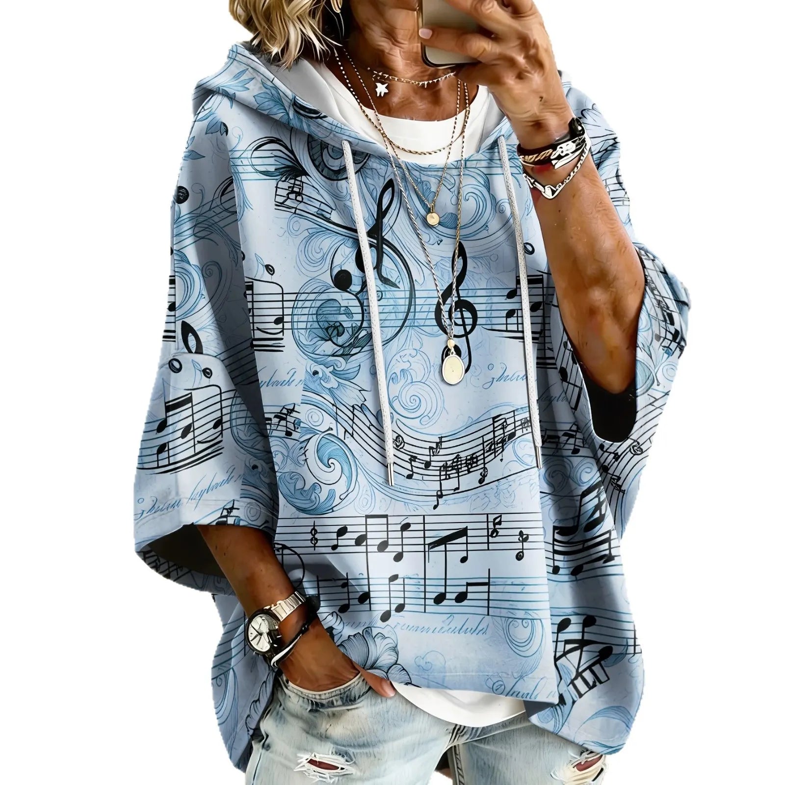 Vintage Floral 3D Print Hooded Seven‑Quarter Sleeve Sweatshirt