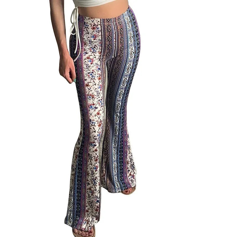 Vintage Ethnic Print High Waist Stretch Flared Casual Pants