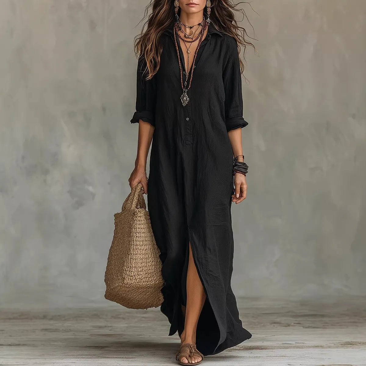 Collared Split Linen Maxi Dress