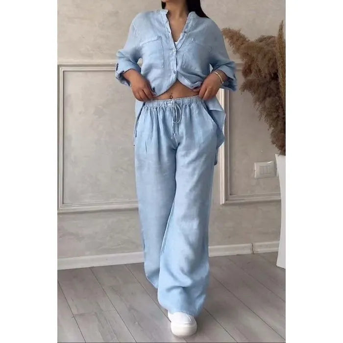 Green Linen-Blend Button-Down Shirt & Wide-Leg Pants Set