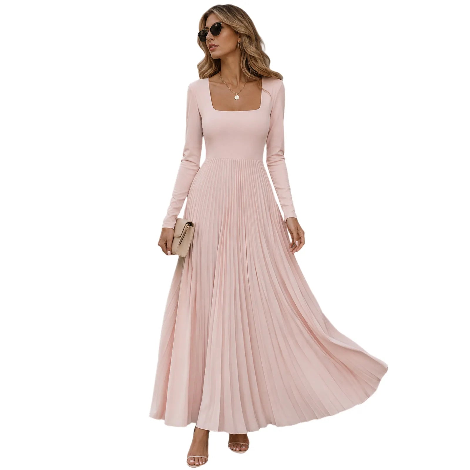 Square Neck Long Sleeve High Waist Pleated Maxi Dress Elegant Commuter Dress