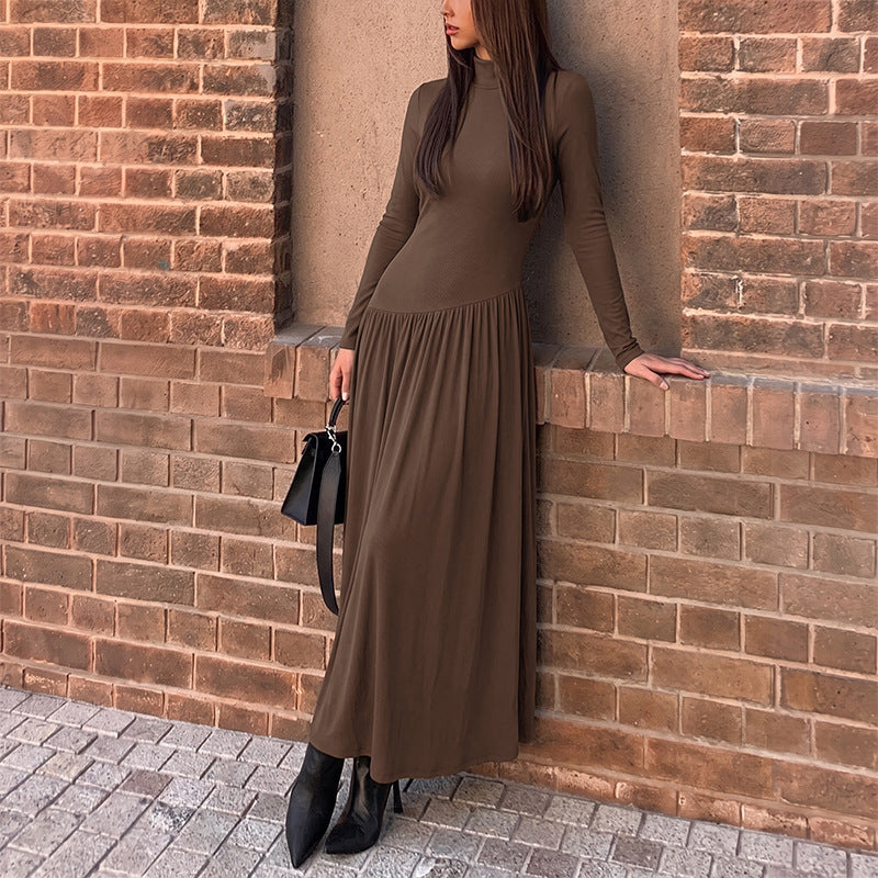 Brown Ribbed Mock Neck Long Sleeve Maxi Dress | Fitted Bodice Pleated Flowy Long Dress