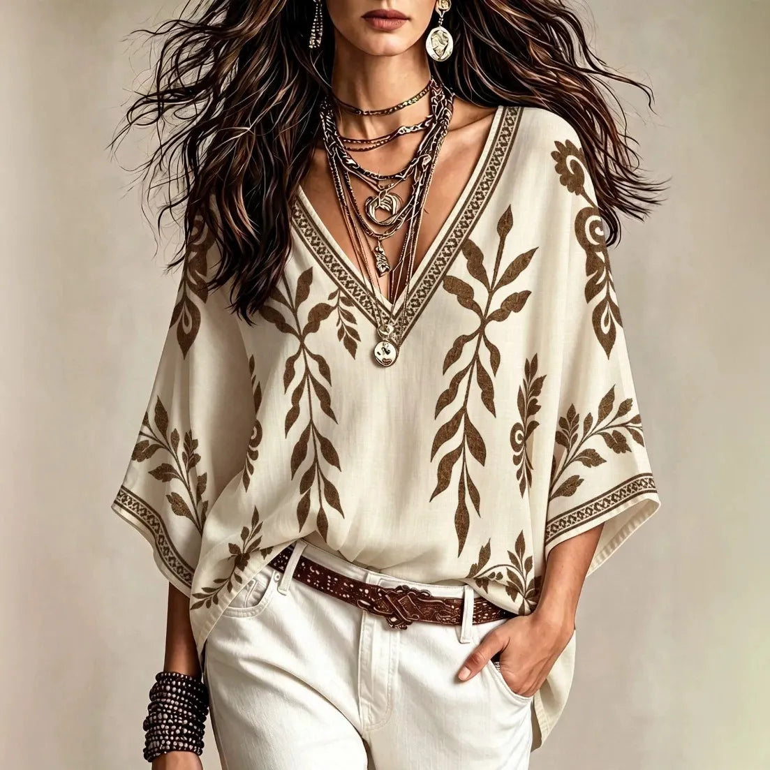Boho Leaf Print V Neck Blouse | 3/4 Kimono Sleeve Loose Casual Tunic Top