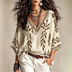 Boho Leaf Print V Neck Blouse | 3/4 Kimono Sleeve Loose Casual Tunic Top