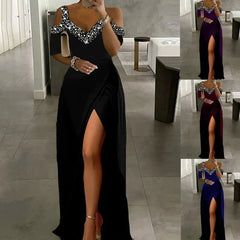 Cold Shoulder Rhinestone Maxi Dress, V Neck High Split Formal Evening Party Gown