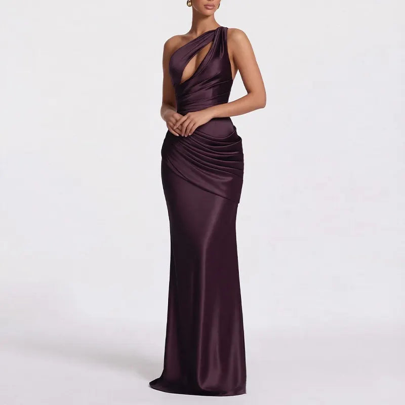 One Shoulder Cutout Satin Mermaid Evening Maxi Dress