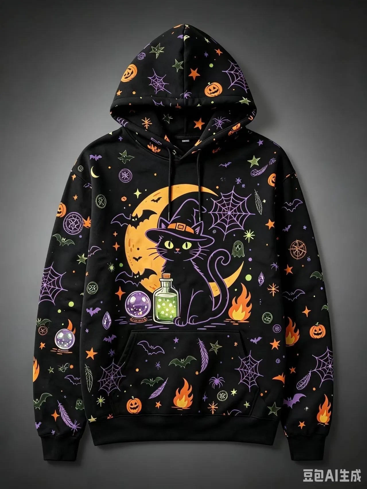 Halloween Black Cat Pumpkin Bat Moon Graphic Hoodie