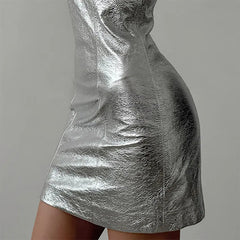 Silver Faux Leather Halter Neck Bodycon Mini Dress
