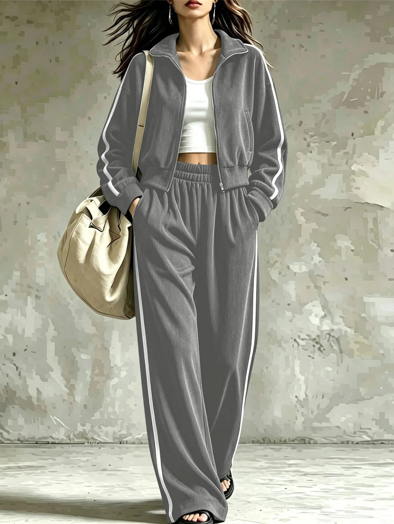 Side Stripe Athletic Sweatsuit, Stand Collar Zip Crop Jacket Elastic Waist Wide Leg Pants Set
