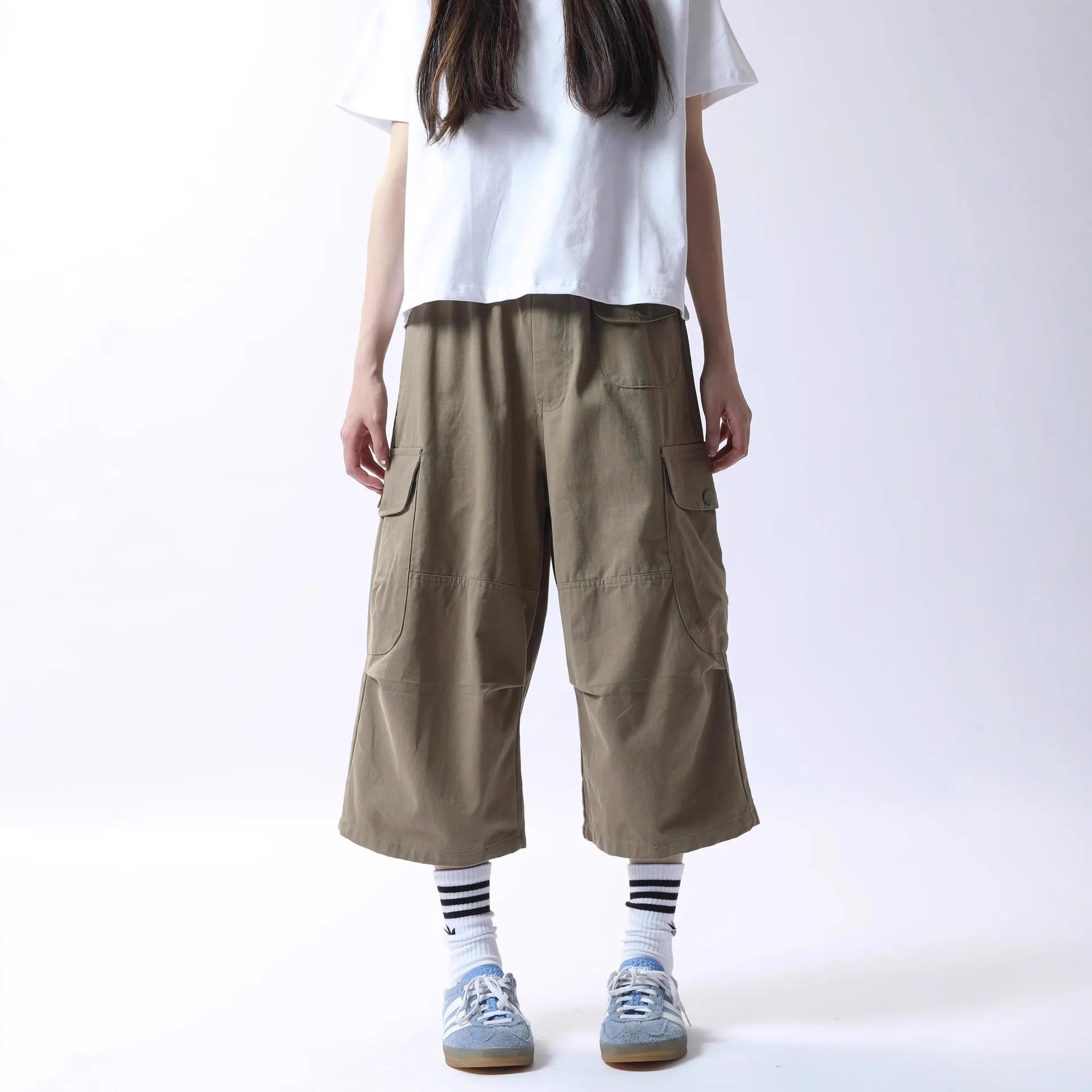 Elastic Waist Multi-Pocket Spliced Cargo Cropped Casual Pants