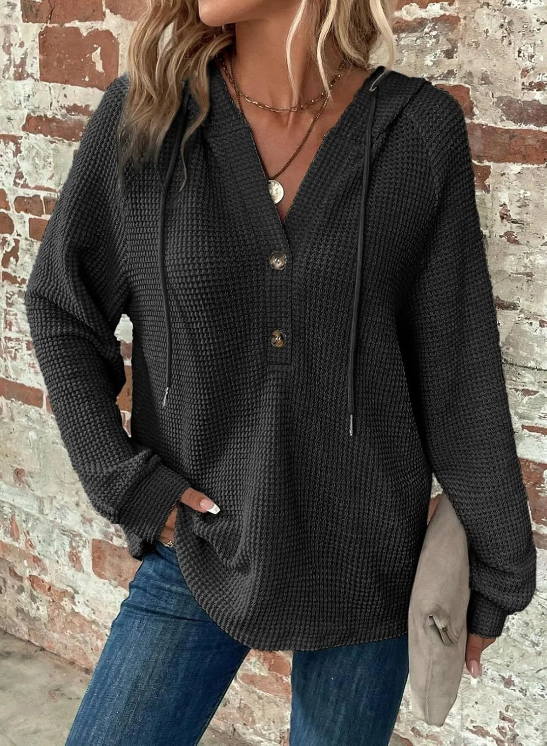 Waffle Knit Hooded Top, V-Neck Button Front Oversized Sweatshirt for Fall