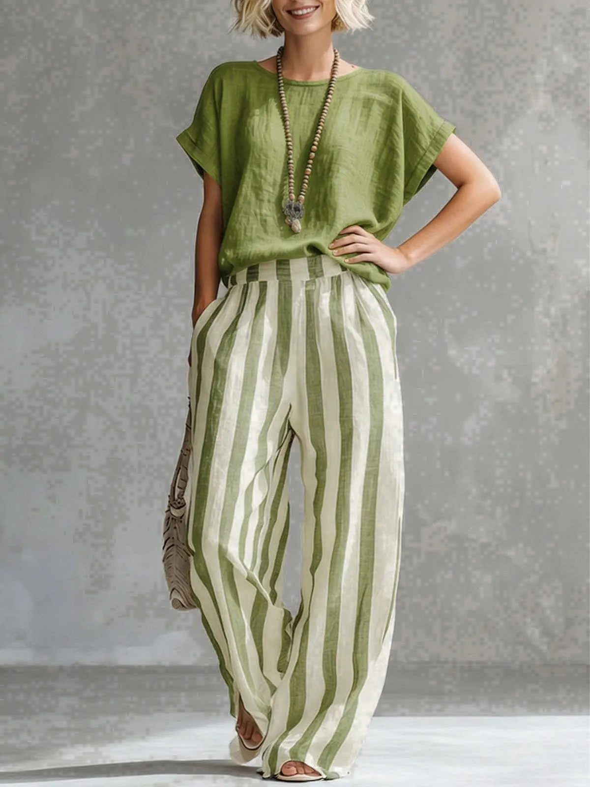 Solid Color Short-Sleeve Top & Striped Wide-Leg Pants Set