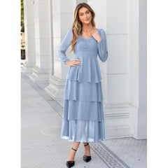 Dusty Blue Chiffon Tiered Maxi Dress | Long Sleeve Sweetheart Neck Formal Dress