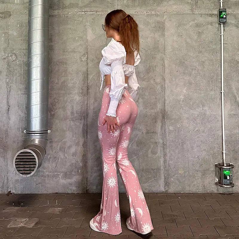 High Waist Sun Moon Print Flared Casual Pants