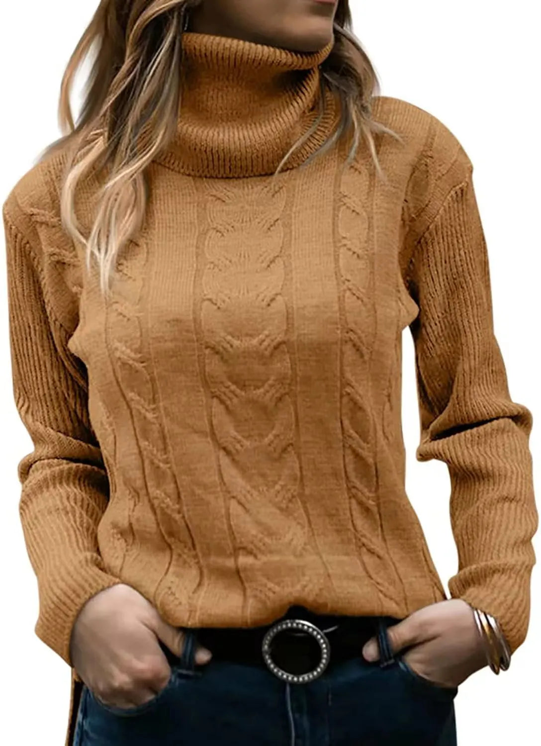 Thick Cable Knit Turtleneck Sweater, Classic Warm Long Sleeve Winter Jumper
