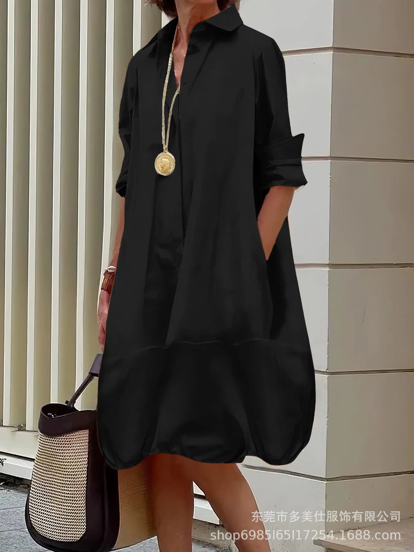 Solid Color Button Front Pocket Shirt Midi Dress
