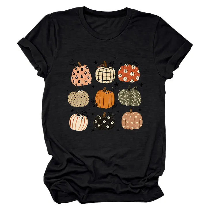 Leopard Floral Plaid Pumpkin Casual Short Sleeve Tee