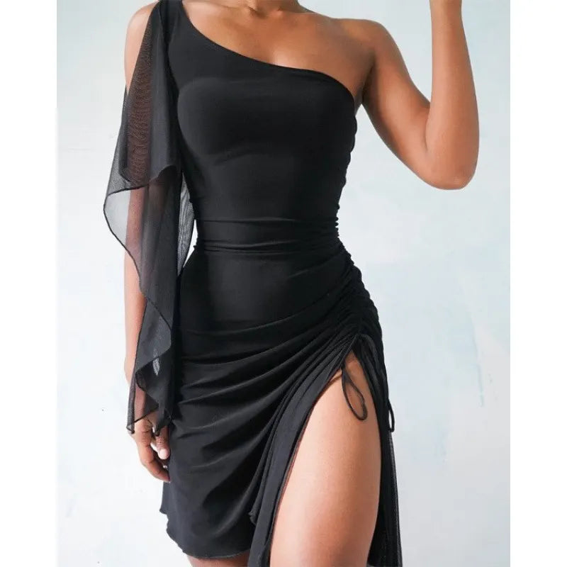 Black One-Shoulder Ruched Slit Mini Dress