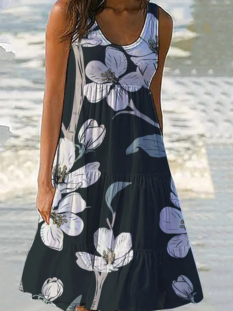 Floral Print Sleeveless Round Neck Tiered Midi Dress