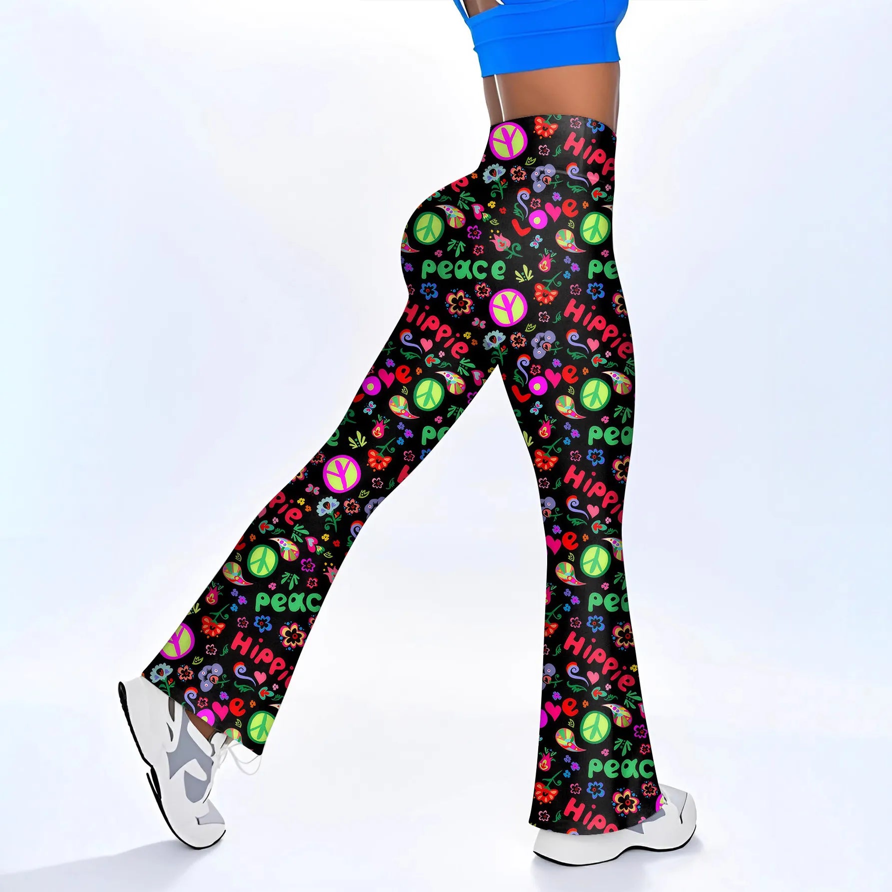 High Waist Hippie Peace Print Flared Casual Pants