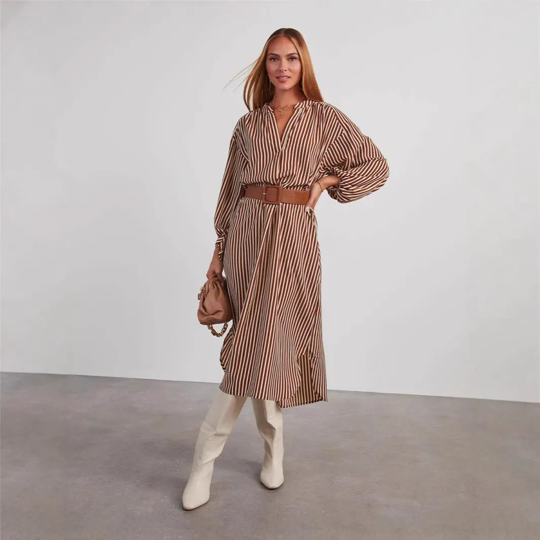 Stripe Balloon Sleeve Midi Shirt Dress With Belt