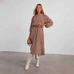 Stripe Balloon Sleeve Midi Shirt Dress With Belt