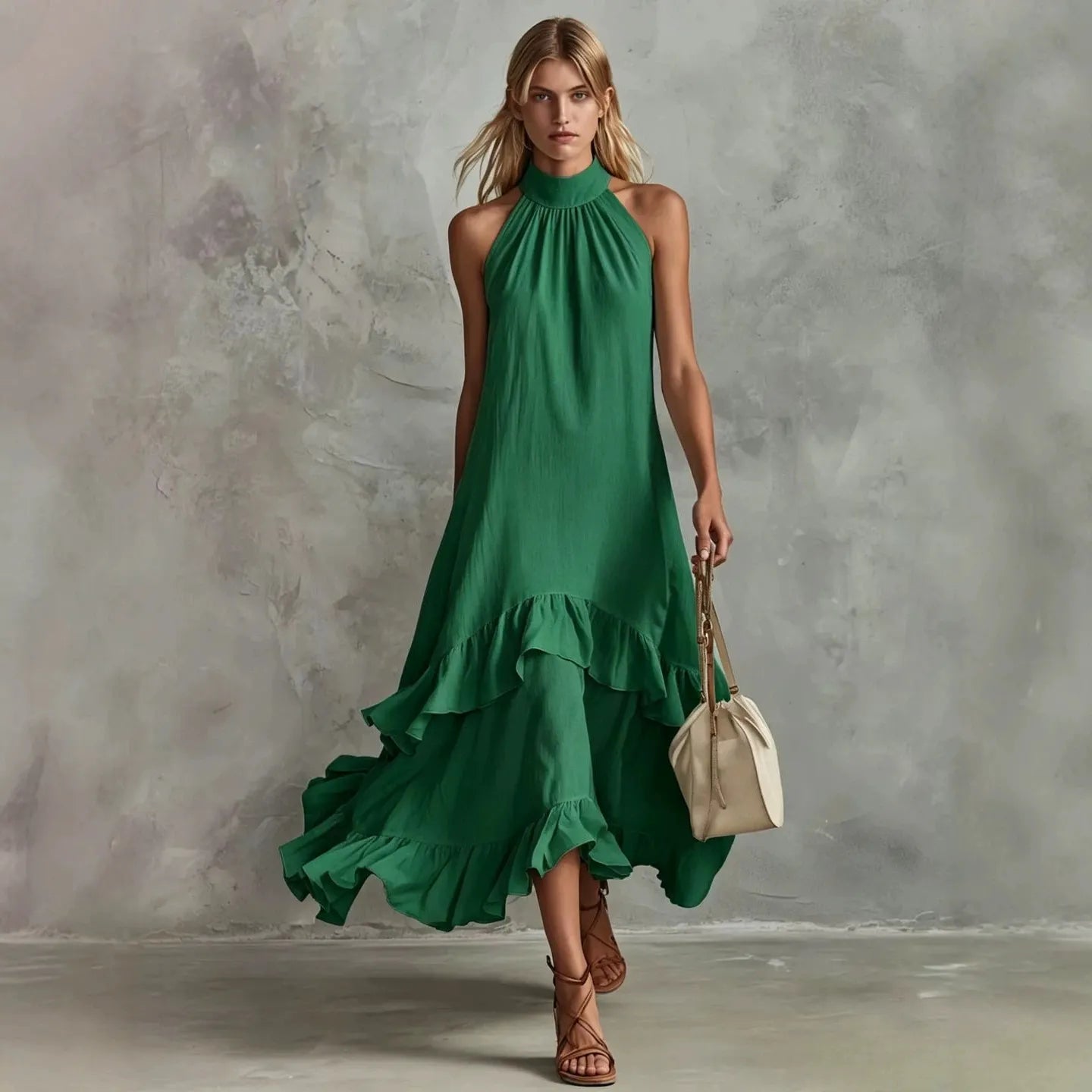 Halter Neck Tiered Ruffle Flowy Midi Chiffon Dress