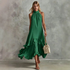 Halter Neck Tiered Ruffle Flowy Midi Chiffon Dress