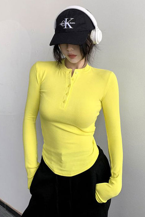 Buttons Neck Long Sleeve Top Tee