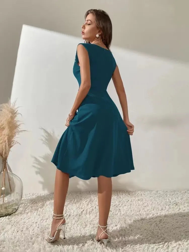 Sleeveless Pearl Decor Midi Swing Dress