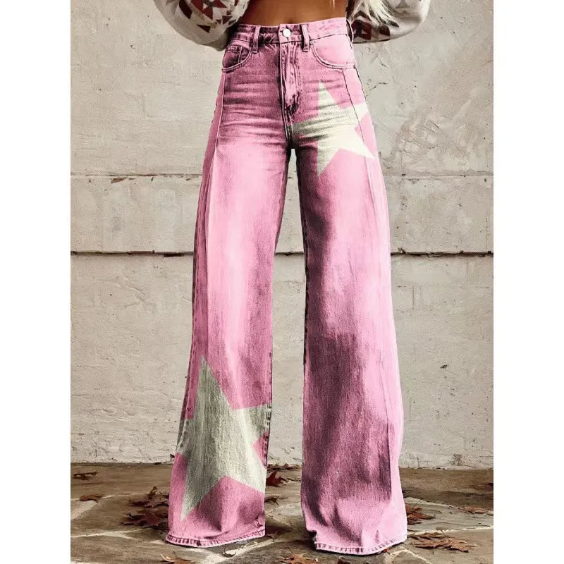 High Waist Western Cowboy Horse Print Wide Leg Pants