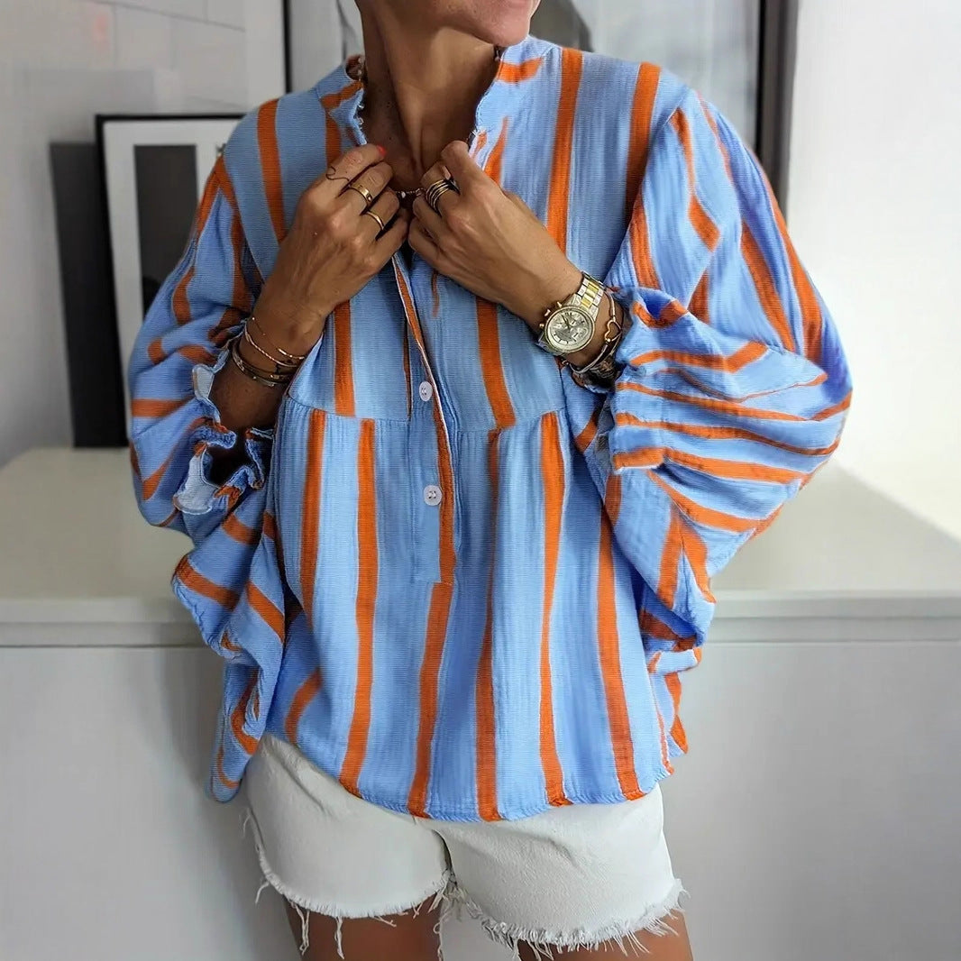 Striped Button-Down Bubble Sleeve Blouse