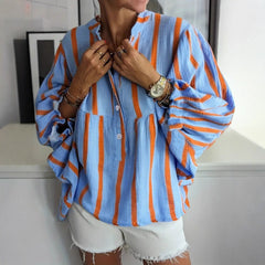 Striped Button-Down Bubble Sleeve Blouse