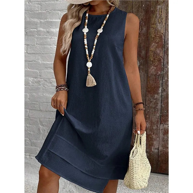 Round Neck Sleeveless Asymmetric Layer Hem Loose Linen Blend Casual Shift Dress