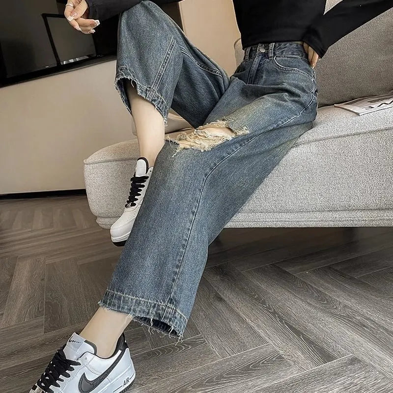 High Waist Ripped Straight Leg Casual Denim Jeans