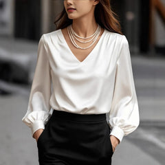 Solid V-Neck Long Puff Sleeve Elegant Blouse
