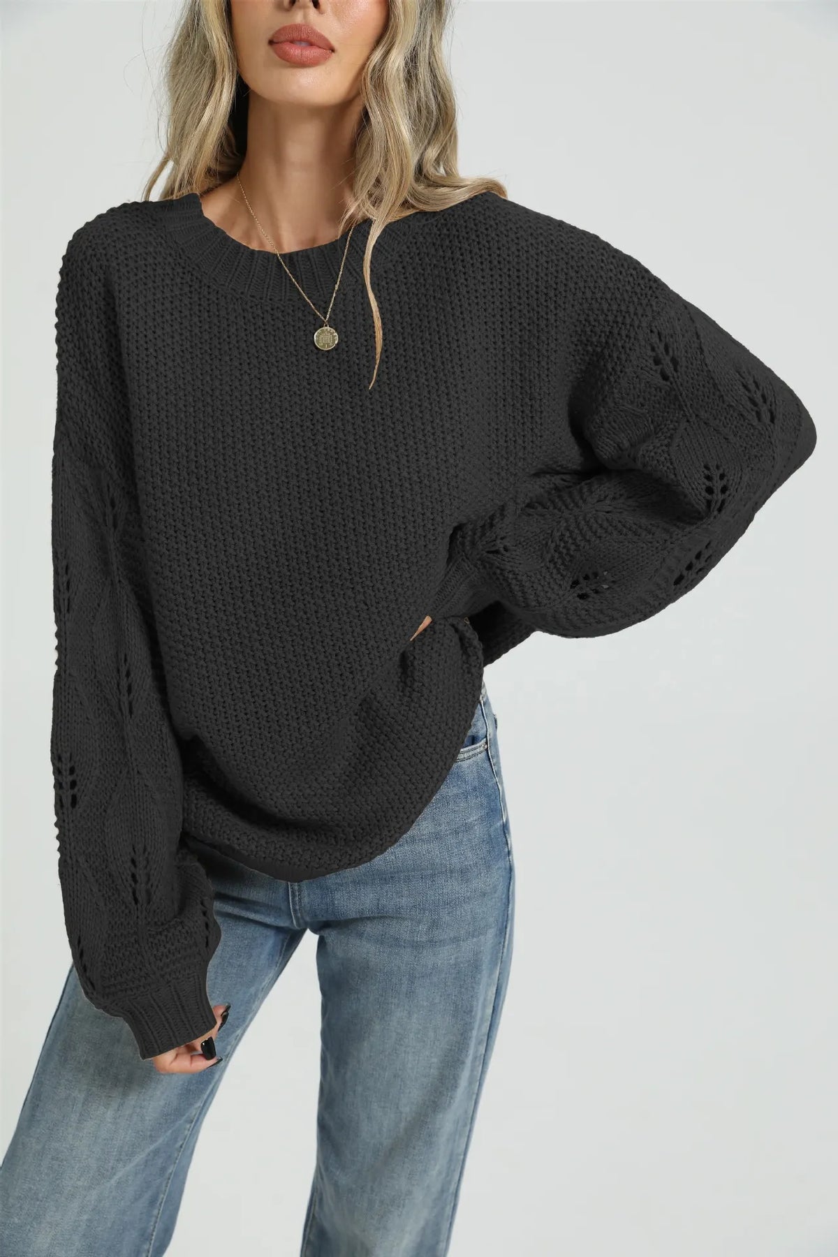 Round Neck Loose Hollow Knit Pullover Sweater