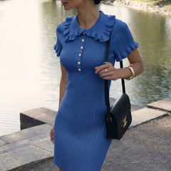 Pale Yellow Ruffle Collar Ribbed Knit Bodycon Mini Dress