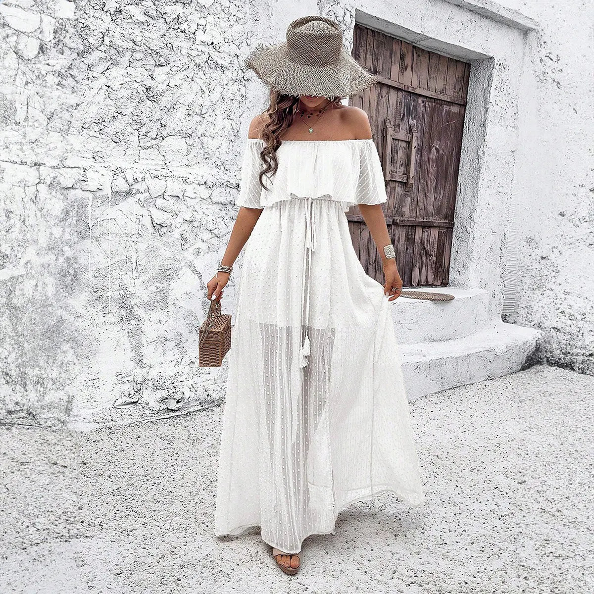 Off Shoulder Ruffle Swiss Dot Chiffon Maxi Dress